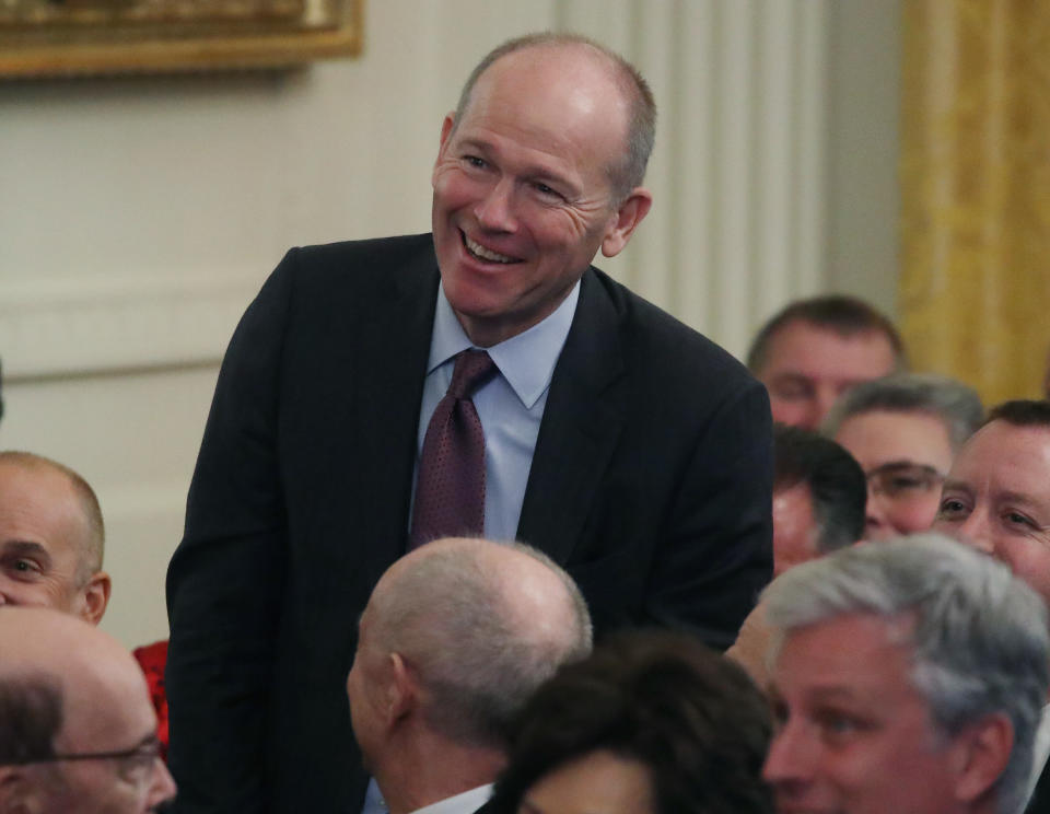 WASHINGTON, DC - JANUARY 15: Boeing's new CEO David L. Calhoun, is introduced shortly before President Donald Trump and Chinese Vice Premier Liu He, signed phase 1 of a trade deal between the U.S. and China, in the East Room at the White House, on January 15, 2020 in Washington, DC. Phase 1 is expected to cut tariffs and promote Chinese purchases of U.S. farm, and manufactured goods while addressing disputes over intellectual property. (Photo by Mark Wilson/Getty Images)