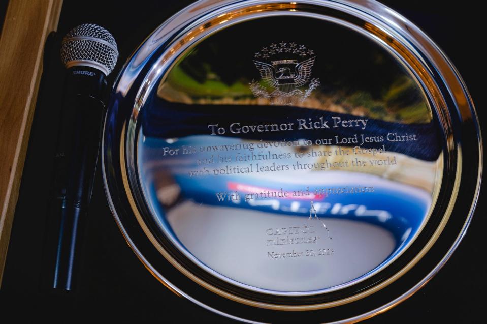 Silver engraved plate for Governor Rick Perry