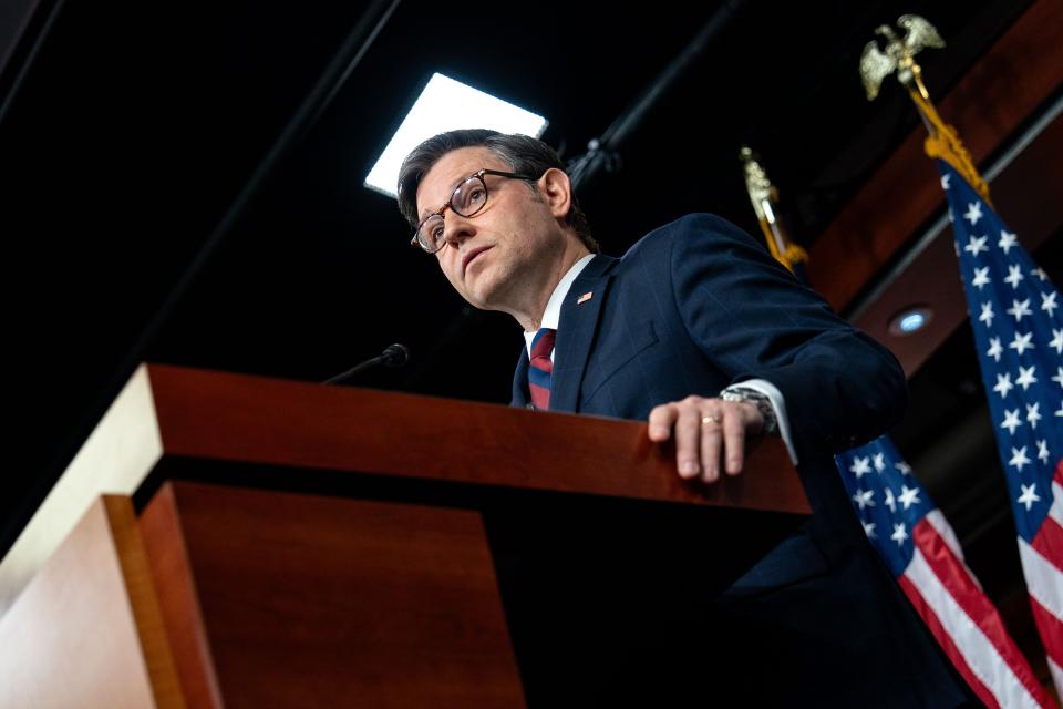 Speaker of the House Mike Johnson, R-La., talks during a weekly news conference on Capitol Hill on May 22, 2024 in Washington, DC.