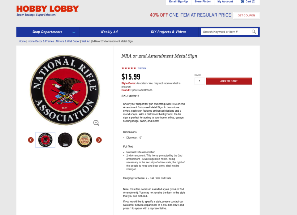 Hobby Lobby sells National Rifle Association paraphernalia including badges, signs, and clothing apparel emblazoned with the gun rights organization logo. (Credit: Hobby Lobby/Screenshot)