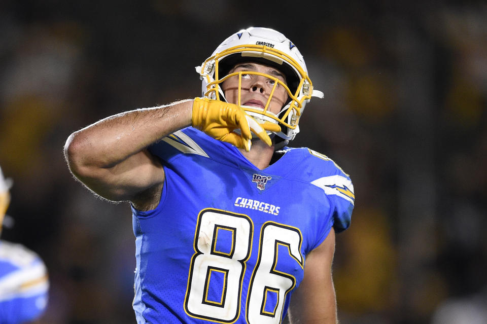 Los Angeles Chargers tight end Hunter Henry celebrates a touchdown catch during the second half of an NFL football game against the Pittsburgh Steelers, Sunday, Oct. 13, 2019, in Carson, Calif. (AP Photo/Kelvin Kuo)