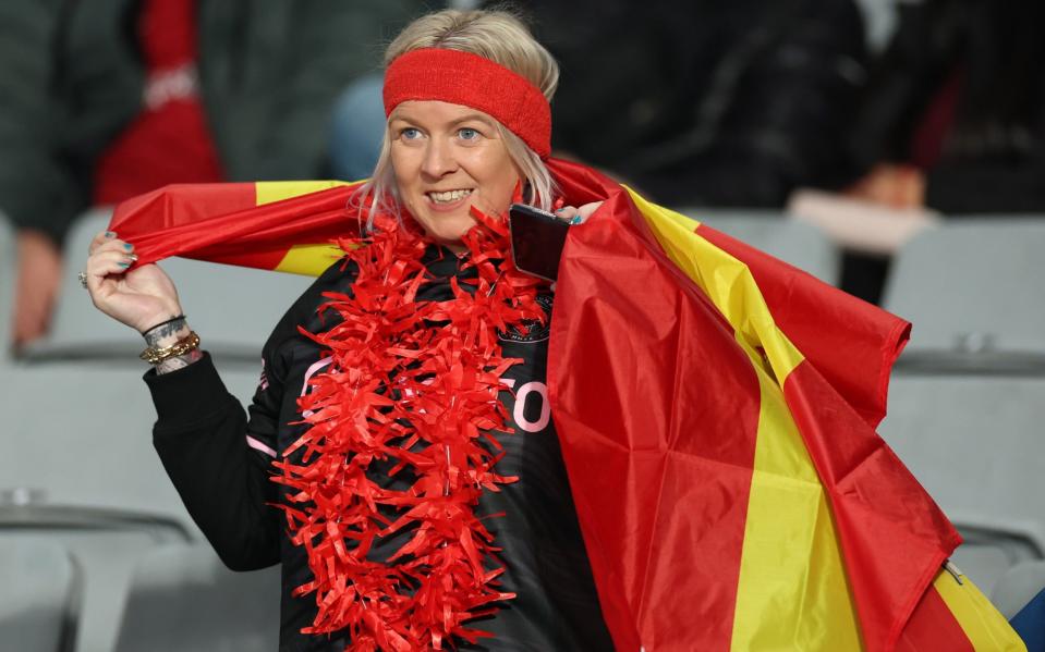 A Spanish fans enjoy the atmosphere prior to the FIFA Women's World Cup Australia & New Zealand 2023 Semi Final match between Spain and Sweden at Eden Park on August 15, 2023 in Auckland, New Zealand