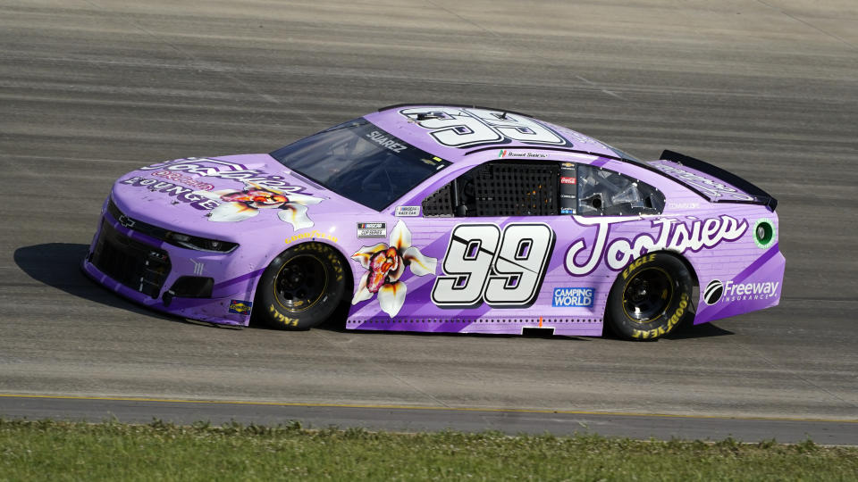 FILE - Daniel Suarez drives during the NASCAR Cup Series auto race June 20, 2021, in Lebanon, Tenn. Suarez finished seventh at the 1.33-mile track in 2021 when it hosted the first Cup Series race in 37 years. (AP Photo/Mark Humphrey, File)