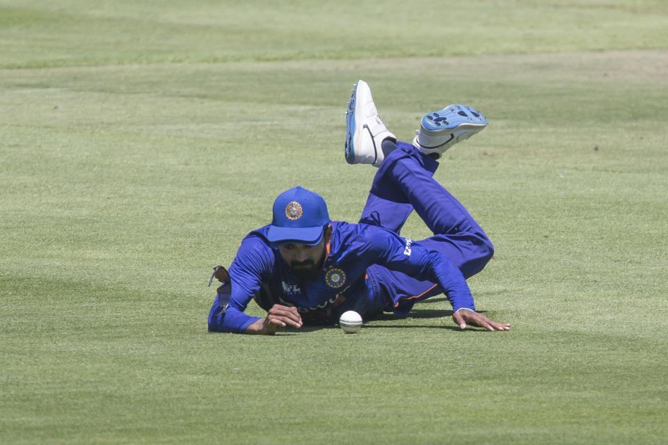 Indian Captain Kunnar Rahul fields the ball during the third ODI match between South Africa and India at Newlands, Cape Town, South Africa, Sunday, Jan. 23, 2022. (AP Photo/Halden Krog)