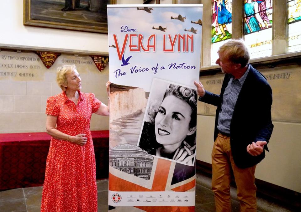 Virginia Lewis-Jones with sculptor Paul Day at the launch of an appeal to raise funds for a memorial statue of her mother Dame Vera Lynn (Gareth Fuller/PA) (PA Wire)