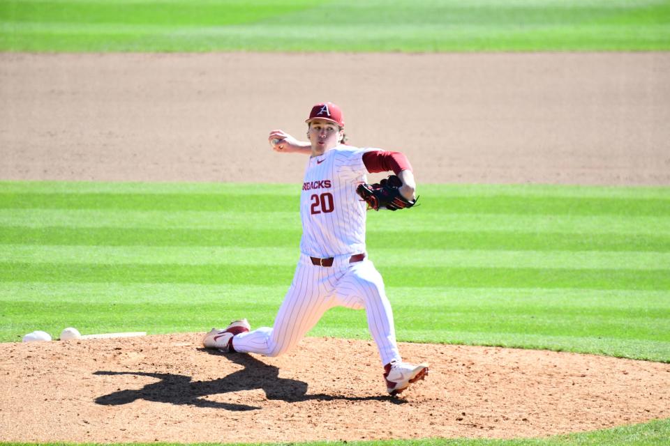 Arkansas baseball's Gabe Gaeckle throws a pitch during the Razorbacks' 3-1 win over McNeese State Saturday, March 9, 2024.