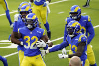 Los Angeles Rams strong safety Jordan Fuller (32) celebrates after intercepting a pass against the San Francisco 49ers during the first half of an NFL football game Sunday, Nov. 29, 2020, in Inglewood, Calif. (AP Photo/Alex Gallardo)