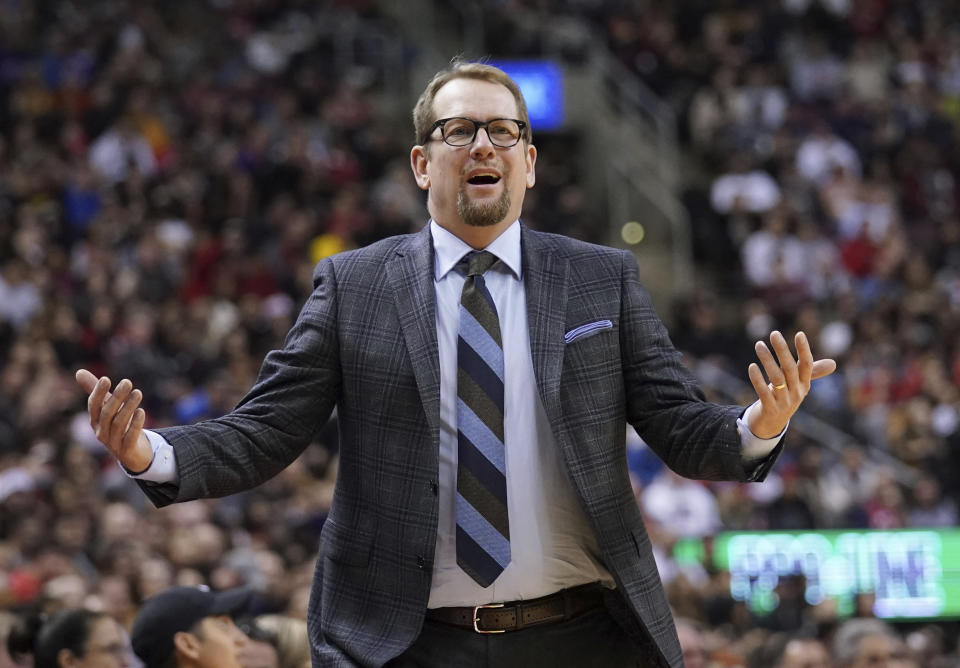 Toronto Raptors Terence head coach Nick Nurse reacts on the sideline during fourth-quarter NBA basketball game action against the Oklahoma City Thunder in Toronto, Sunday, Dec. 29, 2019. (Hans Deryk/The Canadian Press via AP)