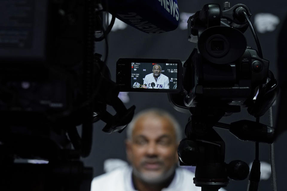 Kansas State coach Jerome Tang speaks to the media during the NCAA college Big 12 men's basketball media day Wednesday, Oct. 18, 2023, in Kansas City, Mo. (AP Photo/Charlie Riedel)