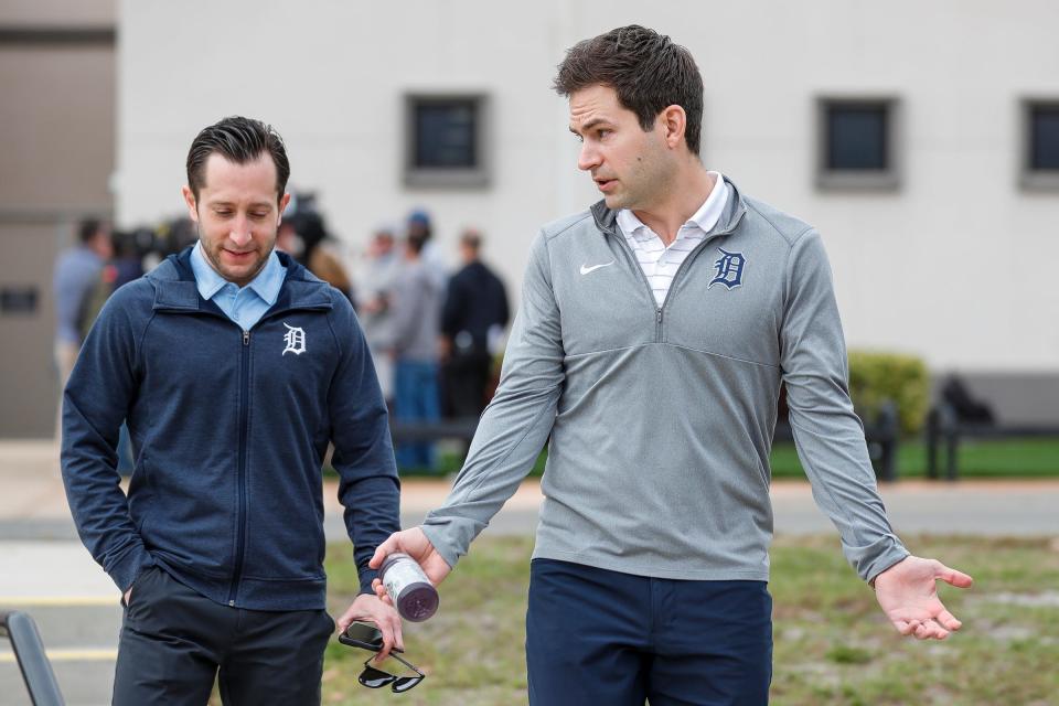 Detroit Tigers president of baseball operations Scott Harris, right, talks with general manager Jeff Greenberg during spring training at Tigertown in Lakeland, Fla. on Thursday, Feb. 15, 2024.