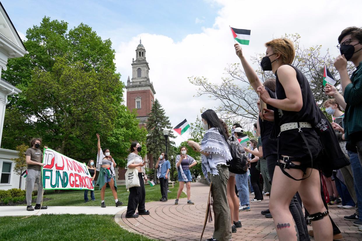 Students for Justice in Palestine at Denison University held a demonstration Tuesday in front of Slayter Hall Student Union on the Granville campus. They demanded the university call for a ceasefire in Palestine and that it fully divest any investment in Israel.