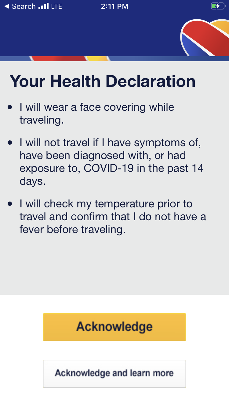 Passengers checking in for a Southwest Airlines flight must acknowledge the airline's face mask policy and other health declarations during the coronavirus pandemic.