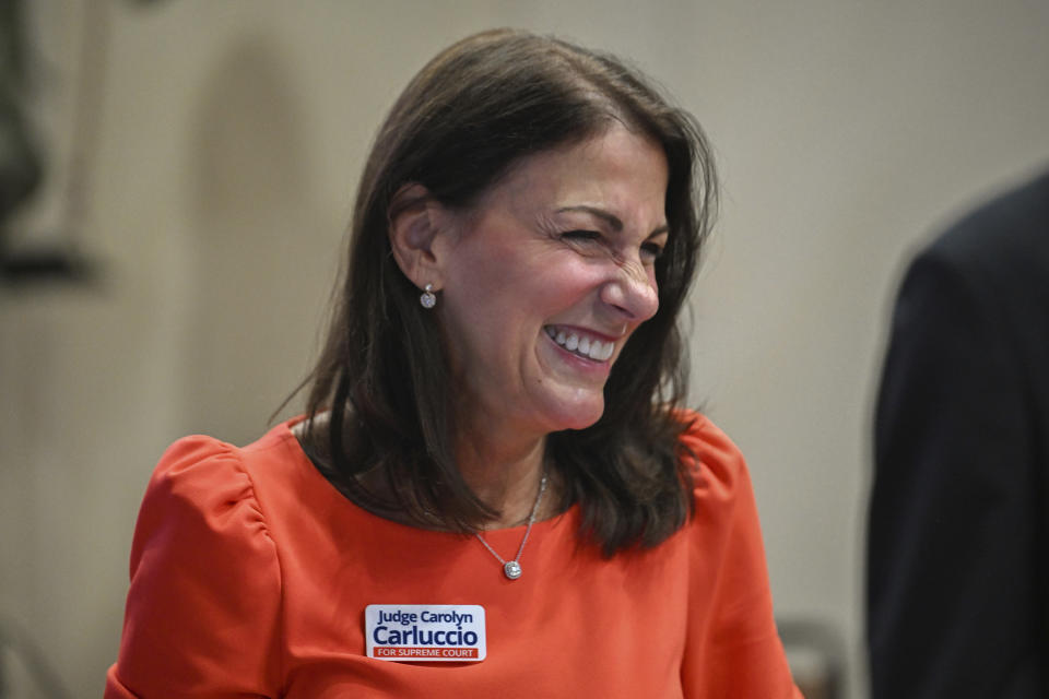 Montgomery County Judge Carolyn Carluccio, Republican candidate for Pennsylvania Supreme Court, campaigns at the Sons and Daughters of Italy Convention at Lodge 454 in Connellsville, Pa., Friday, Oct. 6, 2023. (AP Photo/Barry Reeger)