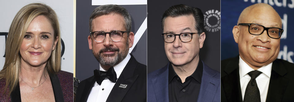 This combination photo shows, from left, Samantha Bee, Steve Carell, Stephen Colbert and Larry Whitmore, who were all cast members on "The Daily Show with Jon Stewart." (AP Photo)