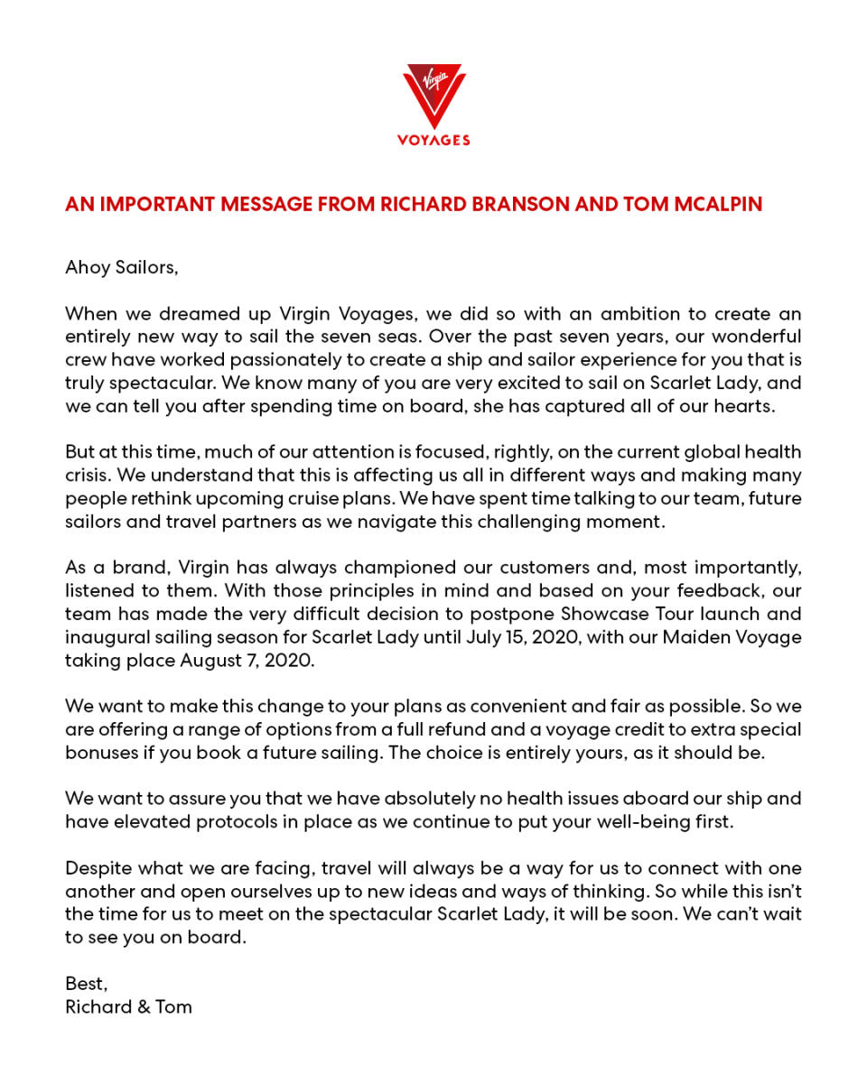 Virgin Voyages statement on launch delay