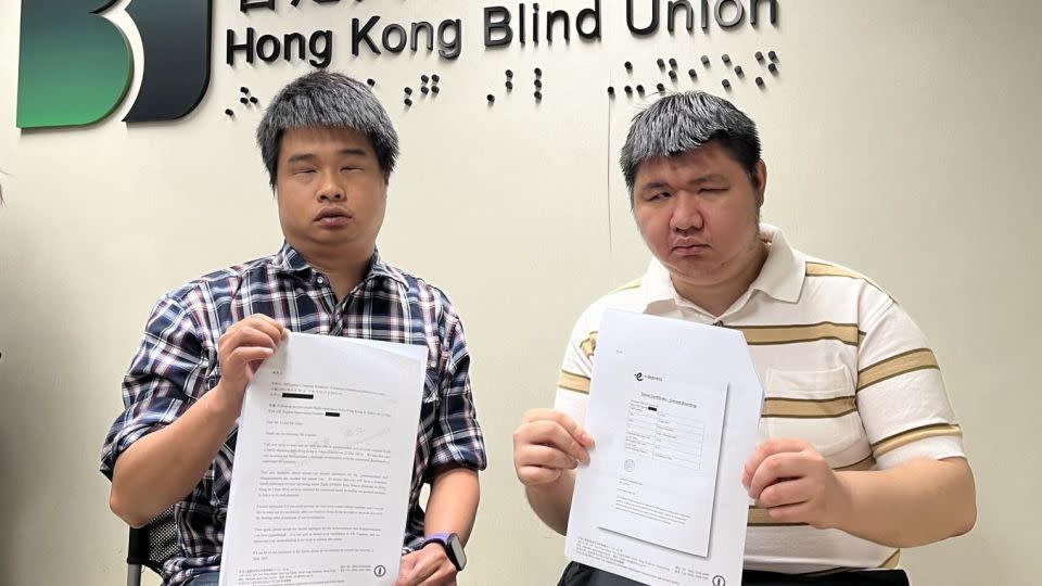 Andy Chui (left) and John Li at a press conference held by the Hong Kong Blind Union on July 7, 2024. They said were removed from an HK Express flight on May 22, 2024. - Hong Kong Blind Union