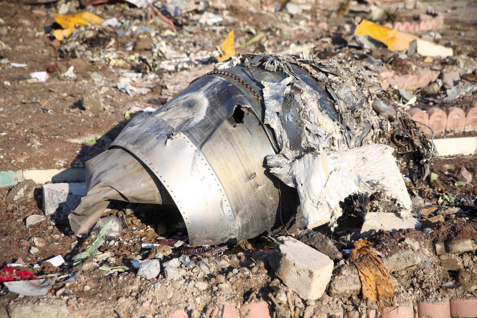 Debris of a plane belonging to Ukraine International Airlines, that crashed after taking off from Iran's Imam Khomeini airport, is seen on the outskirts of Tehran, Iran January 8, 2020. Nazanin Tabatabaee/WANA (West Asia News Agency) via REUTERS