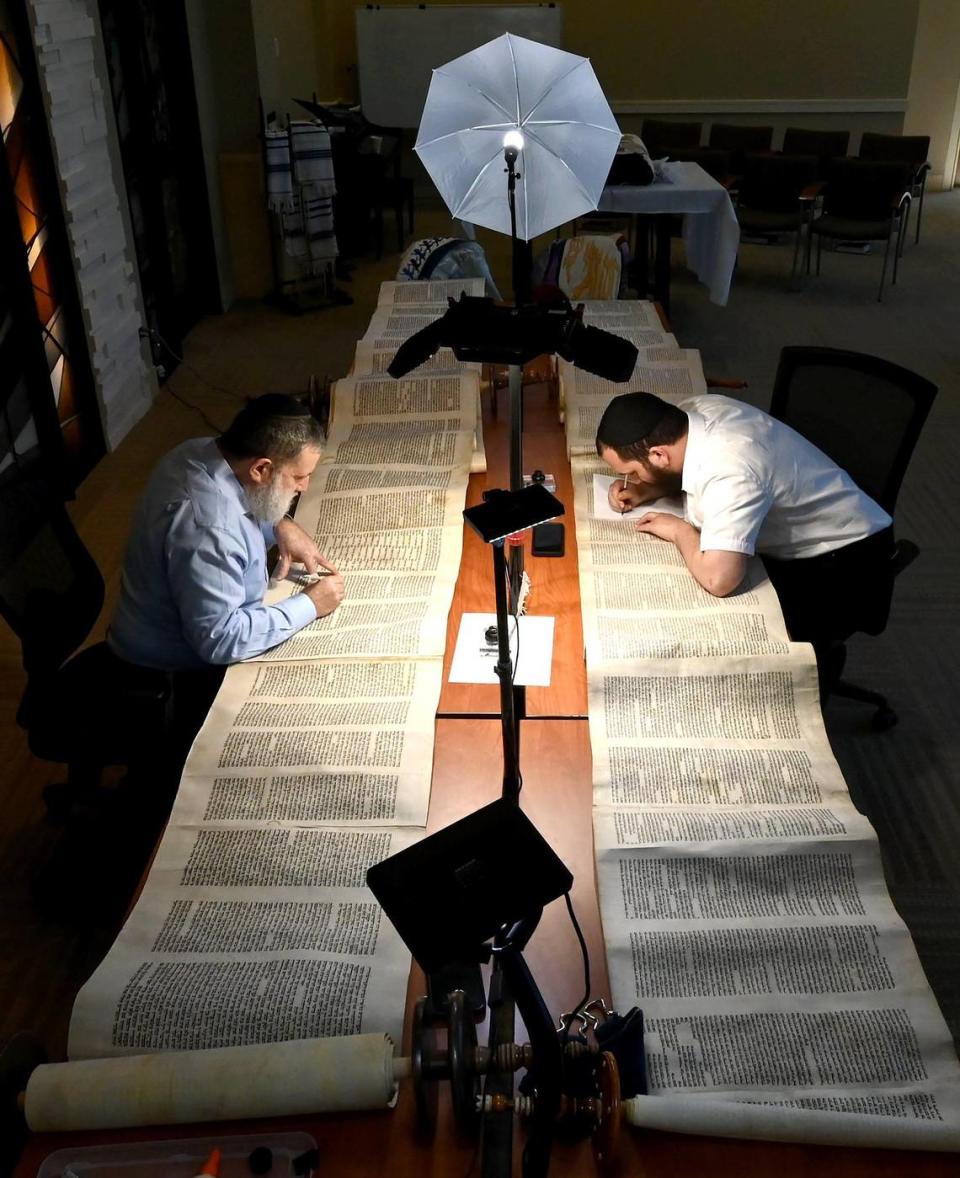 Rabbi Moshe Druin and Uriel Waknine repair Torah scrolls at Temple Beth El in Charlotte on Tuesday, April 18, 2023. Tuesday is Holocaust Remembrance Day (Yom HaShoah). Druin and Waknine were were repairing a Czech Memorial Scrolls that survived the Holocaust. The Torah is around 300 years old.