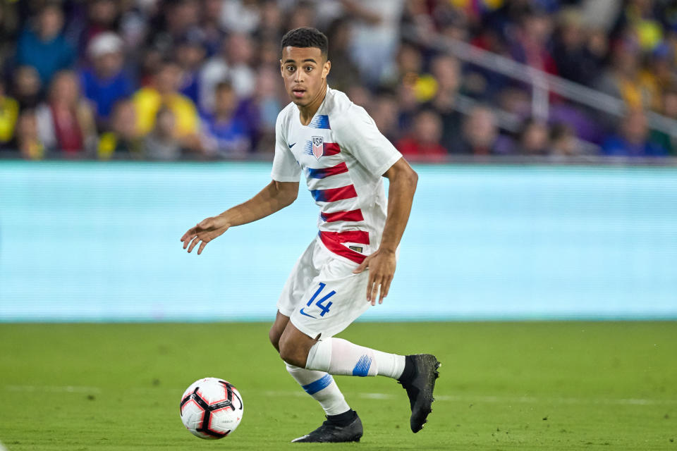 ORLANDO, FL - MARCH 21: United States midfielder Tyler Adams (14) dribbles the ball in game action during an International friendly match between the United States and Ecuador on March 21, 2019 at Orlando City Stadium in Orlando, FL. (Photo by Robin Alam/Icon Sportswire via Getty Images)