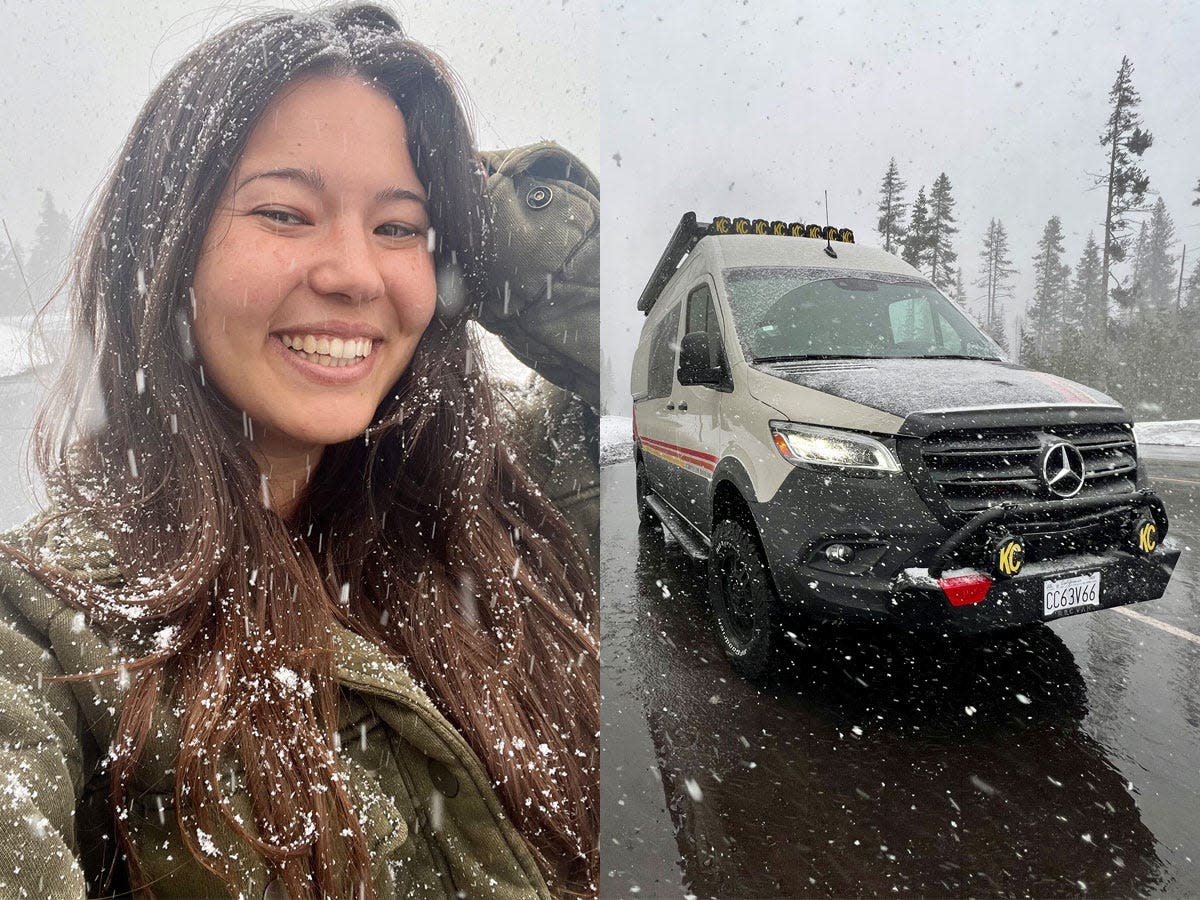 Ashley probst smiling selfie (left), mercedes sprinter van in snowy weather (right)