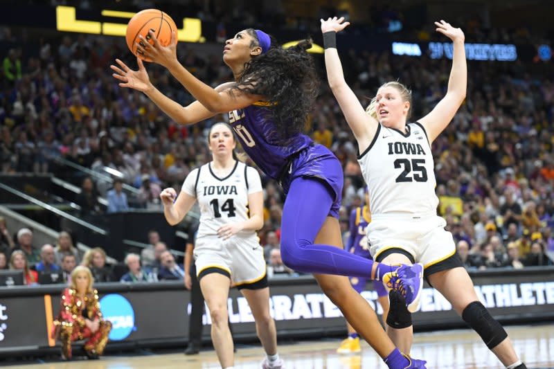 Star forward Angel Reese (C) and the LSU Tigers will attempt to defend their title at the 2024 NCAA Division I women's basketball tournament. File Photo by Ian Halperin/UPI