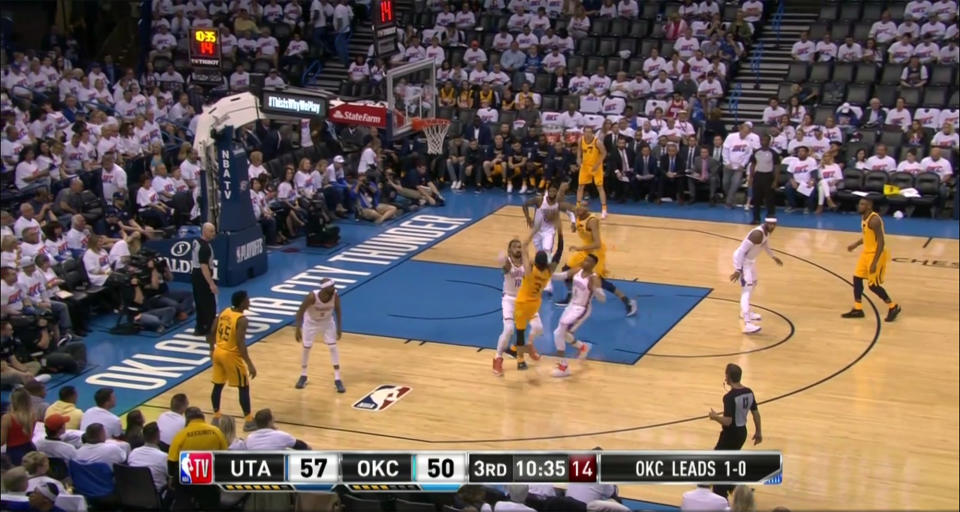 Ricky Rubio spots Joe Ingles in the corner, again. (Screencap via NBA)