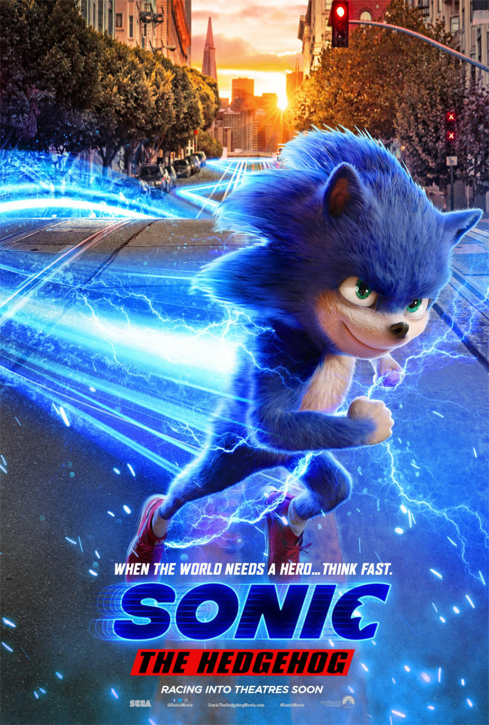 The poster for Sonic's big-screen adventure, though maybe not racing into theatres as soon as they thought (Sony)