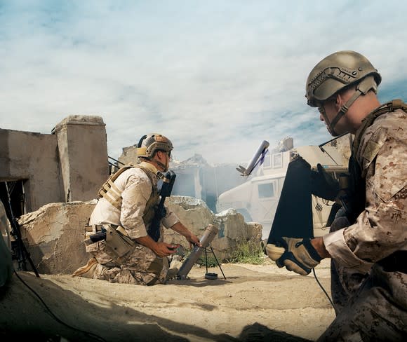 Soldier firing AeroVironment Switchblade drone from a tube launcher