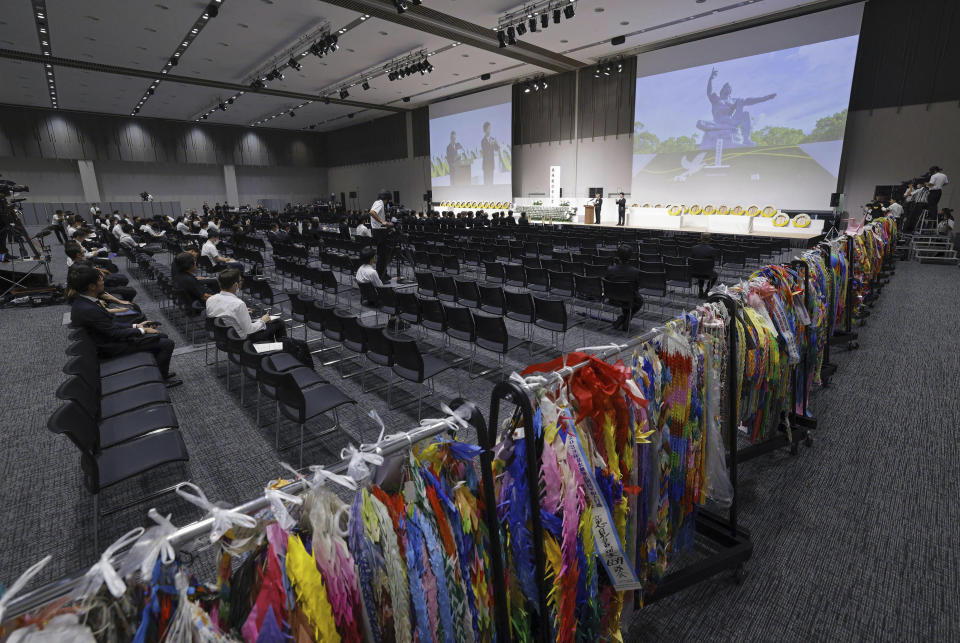 A ceremony to mark the 78th anniversary of the atomic bombing is held in Nagasaki, southern Japan Wednesday, Aug. 9, 2023. The ceremony was held indoors and scaled down due to approaching Tropical Storm Khanun. (Kyodo News via AP)