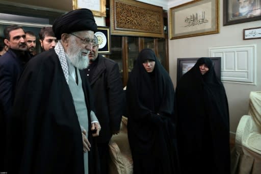 Iran's supreme leader Ayatollah Ali Khamenei visits the family of Revolutionary Guards commander Major General Qasem Soleimani, killed in a US air strike in Baghdad on Friday, to offer his condolences