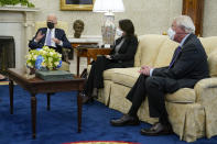 President Joe Biden speaks during a meeting with lawmakers to discuss the American Jobs Plan in the Oval Office of the White House, Monday, April 12, 2021, in Washington. Seated alongside Biden are Sen. Maria Cantwell, D-Wash., and Sen. Roger Wicker, R-Miss. (AP Photo/Patrick Semansky)