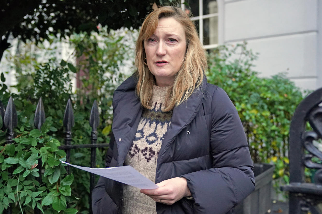 Allegra Stratton speaking outside her home in north London where she announced that she has resigned as an adviser to Boris Johnson and offered her 