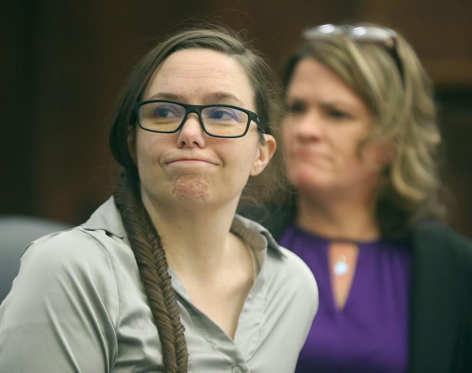 Erica Stefanko looks on during the first day of testimony in her retrial Monday in Summit County Common Pleas Court in Akron. Stefanko is accused of making the bogus pizza delivery call that lured Ashley Biggs to where she was killed.