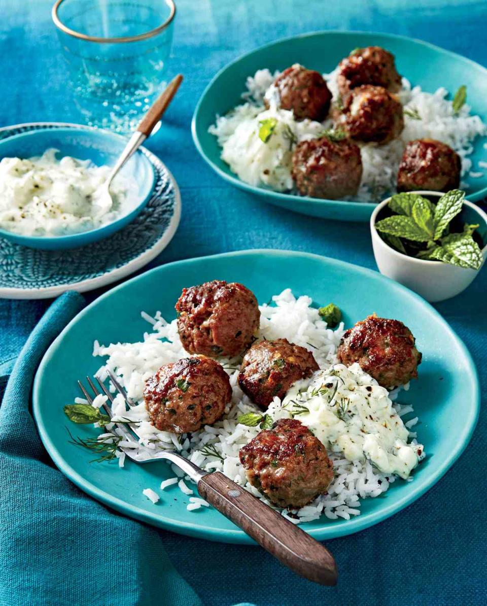 Greek Meatballs with Cucumber-Yogurt Sauce and Rice