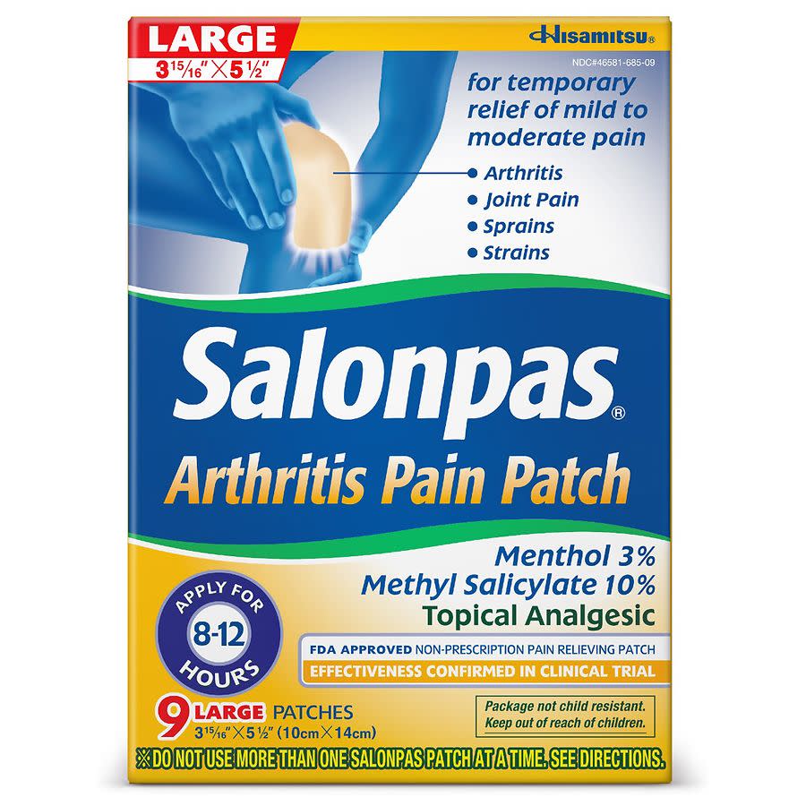 <p><a href="https://go.redirectingat.com?id=74968X1596630&url=https%3A%2F%2Fwww.walgreens.com%2Fstore%2Fc%2Fsalonpas-arthritis-pain-patch-large%2FID%3D300434545-product&sref=https%3A%2F%2Fwww.goodhousekeeping.com%2Fhealth-products%2Fg60296036%2Fbest-arthritis-creams%2F" rel="nofollow noopener" target="_blank" data-ylk="slk:Shop Now;elm:context_link;itc:0;sec:content-canvas" class="link rapid-noclick-resp">Shop Now</a></p><p>Arthritis Pain Patch Large</p><p>walgreens.com</p><p>$26.99</p><span class="copyright">Walgreens</span>