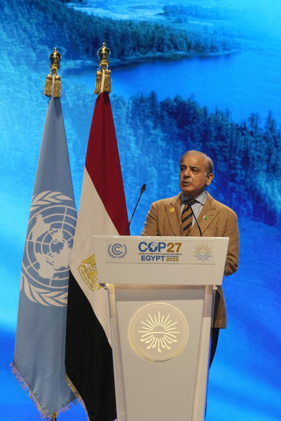 Muhammad Shehbaz Sharif, prime minister of Pakistan, speaks at the COP27 U.N. Climate Summit, Tuesday, Nov. 8, 2022, in Sharm el-Sheikh, Egypt. (AP Photo/Peter Dejong)