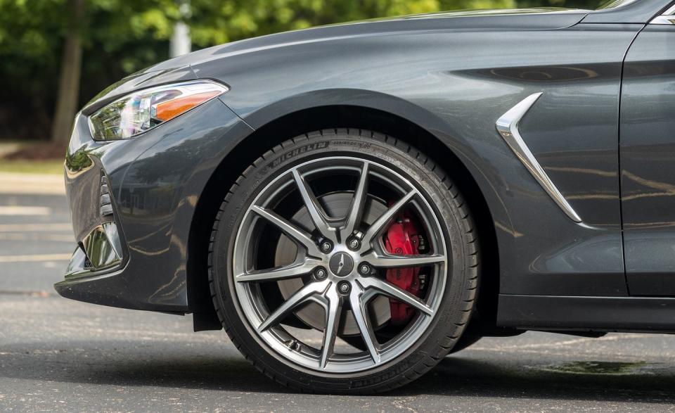 <p>Despite wearing just Pilot Sport 4 tires, this sedan stopped and steered as satisfyingly as other G70s. We recorded 0.91 g of lateral grip and a 161-foot stop from 70 mph, figures very close to those of the six-cylinder G70 3.3T we tested last year.</p>