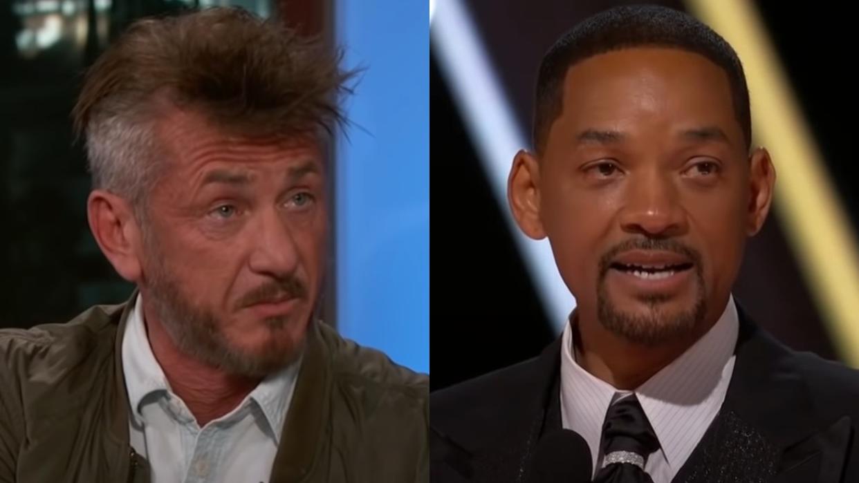  From left to right: both screenshots, one of Sean Penn on Jimmy Kimmel Live and Will Smith during his Oscar acceptance speech in 2022. 