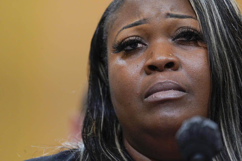 Wandrea "Shaye" Moss, a former Georgia election worker, testifies as the House select committee investigating the Jan. 6 attack on the U.S. Capitol continues to reveal its findings of a year-long investigation, at the Capitol in Washington, Tuesday, June 21, 2022. (AP Photo/Jacquelyn Martin)