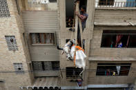 Unos hombres bajan con una grúa desde el tejado de un edificio una vaca sacrificada antes de la festividad musulmana de la Eid al-Adha en Karachi (Pakistán) el 4 de agosto. (Foto: Akhtar Soomro / Reuters).