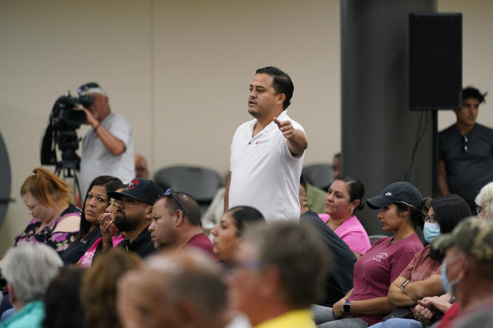 Residents speak about a released video during a city council meeting, Tuesday, July 12, 2022, in Uvalde, Texas. (AP Photo/Eric Gay)