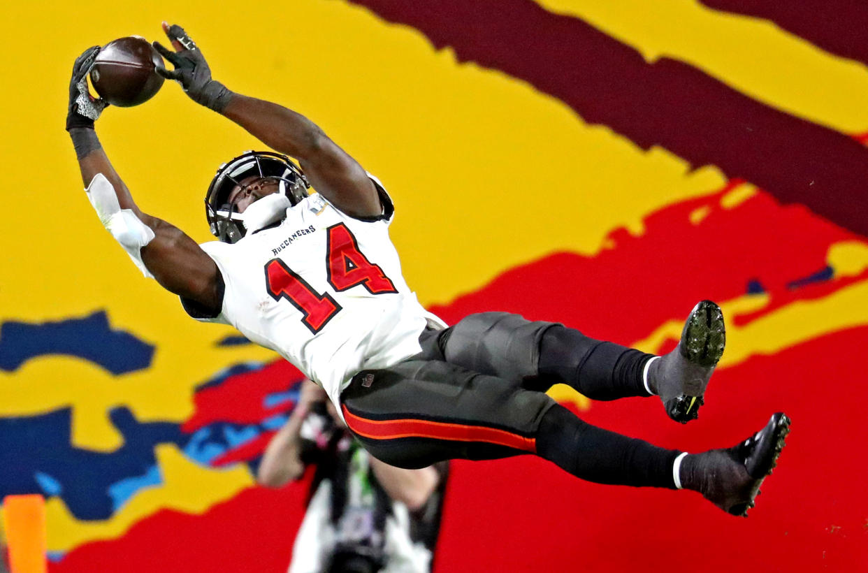 Tampa Bay Buccaneers wide receiver Chris Godwin reaches for the ball during the third quarter against the Kansas City Chiefs in Super Bowl LV at Raymond James Stadium. (Mark J. Rebilas/USA TODAY Sports)