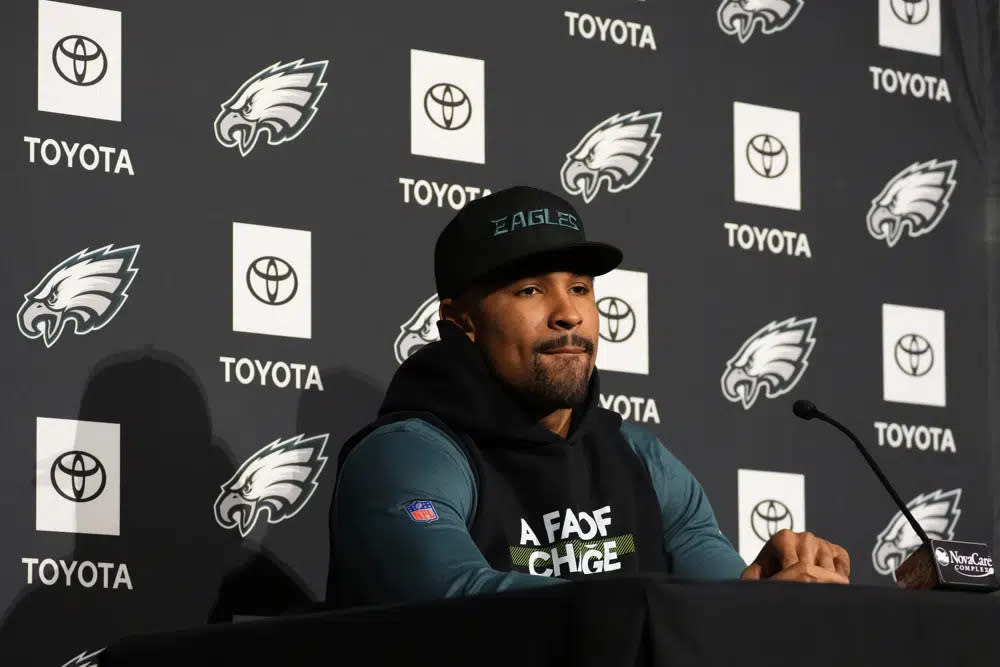 Philadelphia Eagles’ Jalen Hurts pauses during a news conference at the NFL football team’s training facility, Thursday, Feb. 2, 2023, in Philadelphia. The Eagles are scheduled to play the Kansas City Chiefs in Super Bowl LVII on Sunday, Feb. 12, 2023. (AP Photo/Matt Slocum)