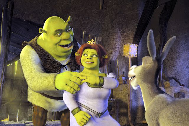 <p>Everett</p> Shrek, Fiona, and Donkey in 'Shrek 2'