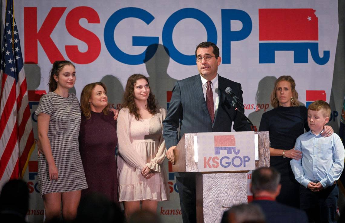 Republican gubernatorial candidate Derek Schmidt, candidate for Kansas governor, addresses his supporters and tells them there will be no results Tuesday night in the Kansas governor’s race. He spoke at a Republican watch party on Tuesday, Nov. 8, 2022,,in Topeka, Kansas.