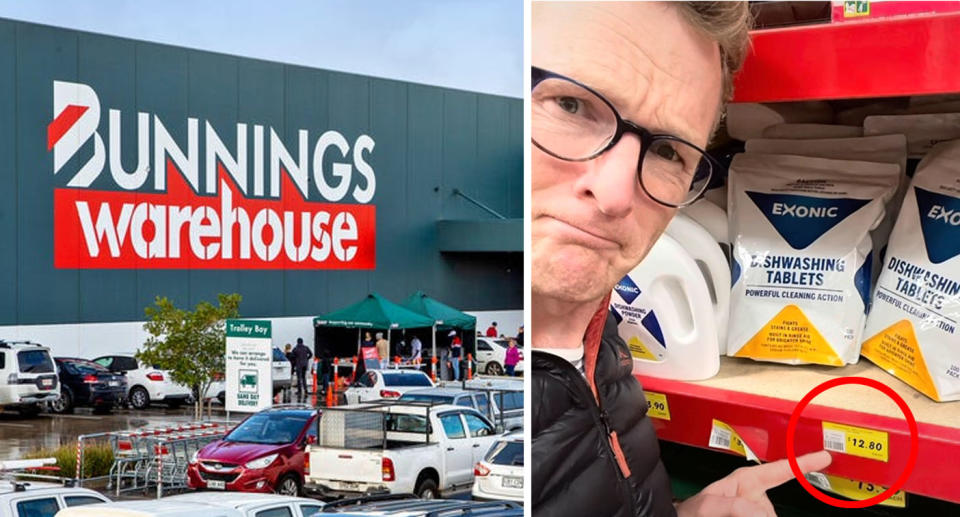 The store front of Bunnings and Joel in the store pointing at the prices of dishwasher tablets in a red circle. 