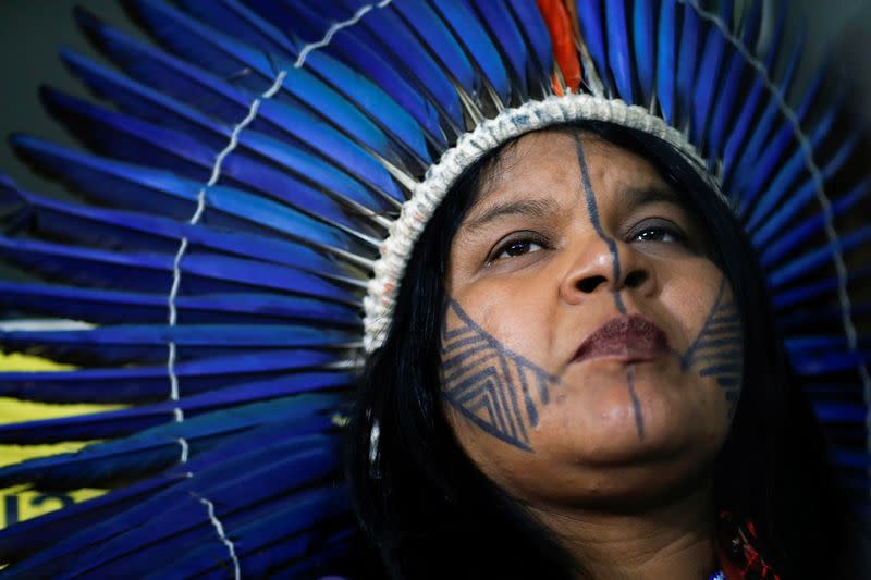 Indigenous Leader Sonia Guajajara of the Guajajara tribe looks on after meeting with the parliamentary front in defense of the rights of indigenous people in Brasilia