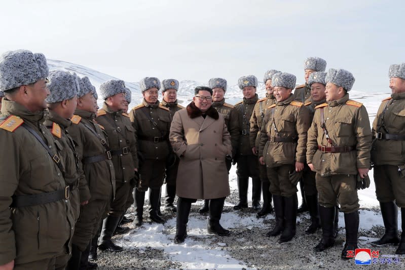 KCNA picture of North Korean leader Kim Jong Un visiting battle sites in areas of Mt Paektu