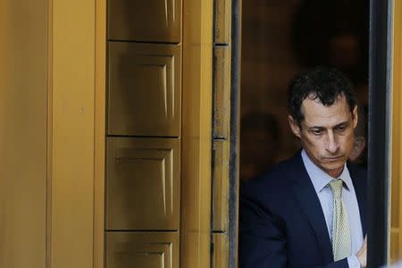 Former U.S. Congressman Anthony Weiner departs U.S. Federal Court, following his sentencing after pleading guilty to one count of sending obscene messages to a minor, ending an investigation into a "sexting" scandal that played a role in last year's U.S. presidential election, in New York, U.S., September 25, 2017. REUTERS/Lucas Jackson