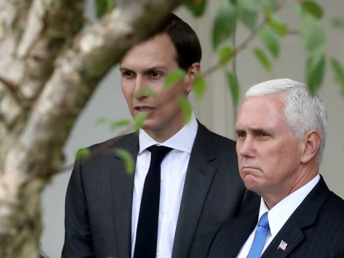 WASHINGTON, DC - OCTOBER 23: Jared Kushner (L), senior advisor to U.S. President Donald Trump and U.S. Vice President Mike Pence (R) attend a joint statemen in the Rose Garden held by U.S. President Donald Trump and Singapore Prime Minister Lee Hsien Loong October 23, 2017 in Washington, DC. Trump and Lee are meeting ahead of Trump's first official visit to Asia to attend the APEC and ASEAN meetings during the first two weeks of November. (Photo by Win McNamee/Getty Images)